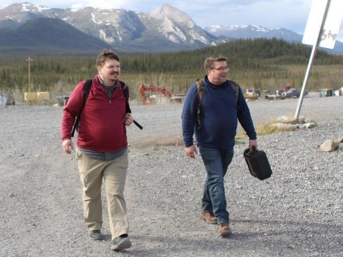 Joe Balash, left, after a meeting earlier this year in Arctic Village, where some oppose oil drilling in nearby Arctic National Wildlife Refuge. CREDIT: Nat Herz/Alaska's Energy Desk