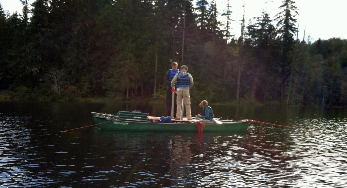 On Leland Lake near Quilcene, Washington, the researchers pulled cores by hand from the lake bottom working from an improvised raft rig. CREDIT: CHRIS GOLDFINGER / OSU