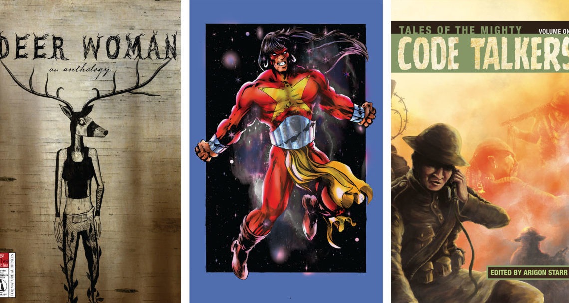 Some of the comics that Francis cited that centered on Native heroes. (L to R) “Deer Woman Anthology,” created by Elizabeth LaPensée; “Thunder Eagle,” created by Jon Proudstar; “Code Talkers, Volume 1,” edited by Arigon Star, cover illustration by Roy Boney Jr. Images courtesy of Lee Francis IV