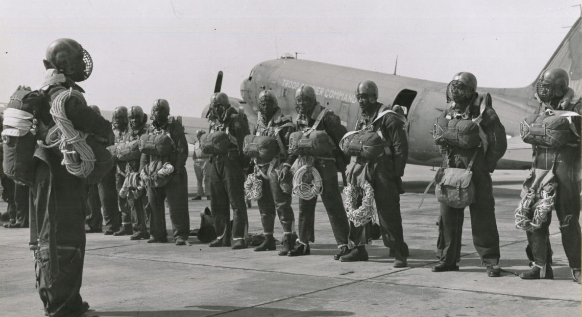Paratroopers at Pendleton Army Airfield getting briefed before taking off to drop on a wildfire in the summer of 1945. NATIONAL ARCHIVES / VIA EASTERN WASHINGTON UNIVERSITY