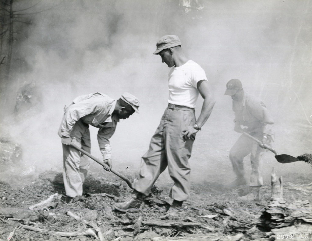 Once on the ground, the 555th parachute infantry wielded shovels and other standard firefighting equipment in cooperation with the U.S. Forest Service. CREDIT: NATIONAL ARCHIVES VIA EWU