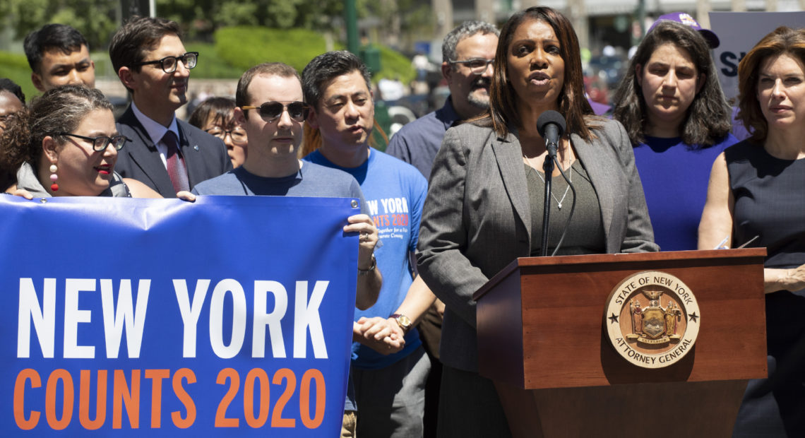 New York State Attorney General Letitia James speaks at a June news conference in New York City. James' office is now leading a coalition of states and other groups in defending the Census Bureau's long-standing policy of including unauthorized immigrants in population counts used for reapportioning seats in Congress. Mark Lennihan/AP