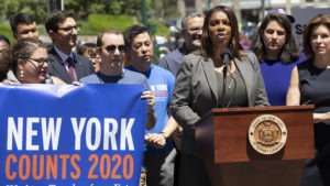 New York State Attorney General Letitia James speaks at a June news conference in New York City. James' office is now leading a coalition of states and other groups in defending the Census Bureau's long-standing policy of including unauthorized immigrants in population counts used for reapportioning seats in Congress. Mark Lennihan/AP