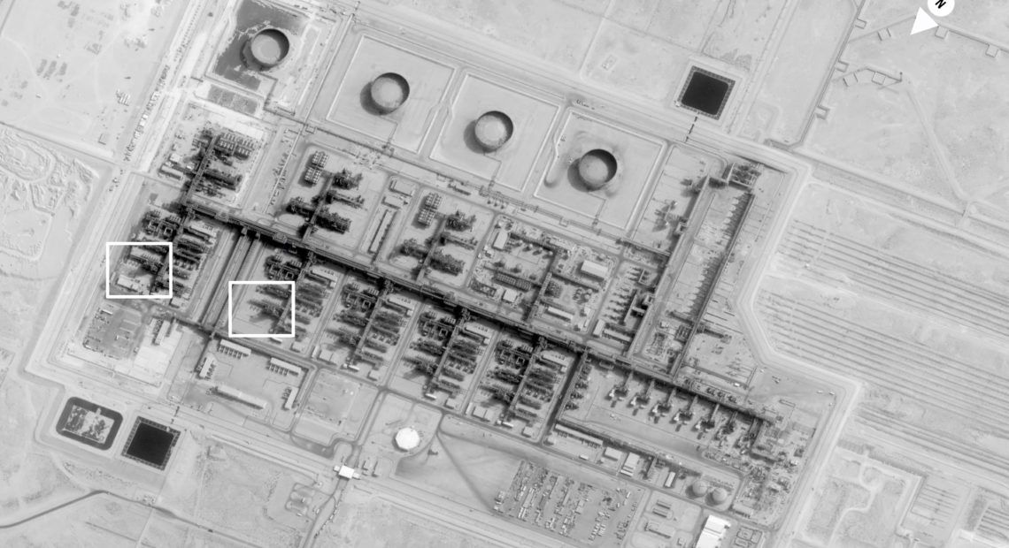 This image provided on Sunday by the U.S. government and DigitalGlobe and annotated by the source, shows a prestrike overview at Saudi Aramco's Khurais oil field in Buqayq, Saudi Arabia. U.S. government/Digital Globe via AP