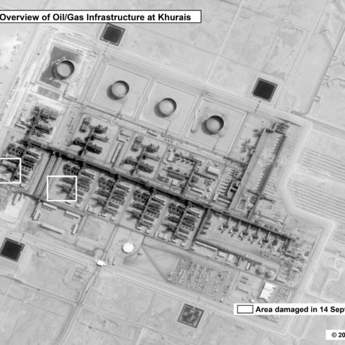 This image provided on Sunday by the U.S. government and DigitalGlobe and annotated by the source, shows a prestrike overview at Saudi Aramco's Khurais oil field in Buqayq, Saudi Arabia. U.S. government/Digital Globe via AP