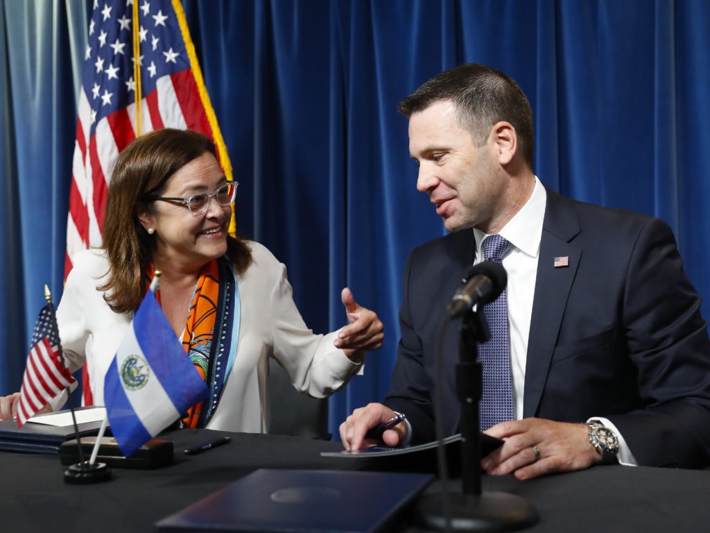 Acting Secretary of Homeland Security Kevin K. McAleenan, right, with Alexandra Hill Tinoco, left, minister of Foreign Affairs for El Salvador, after signing an asylum agreement in Washington, D.C. Pablo Martinez Monsivais/AP