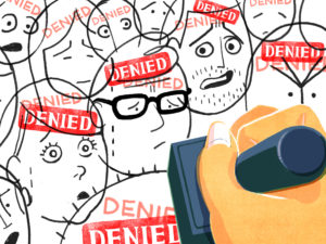 Applicants stamped with a "denied" stamp. Delphine Lee/NPR