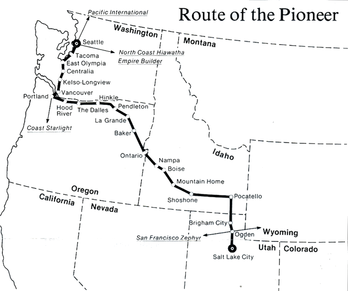 Map of the Amtrak Pioneer route from 1977. CREDIT: Amtrak via Wikimedia Commons