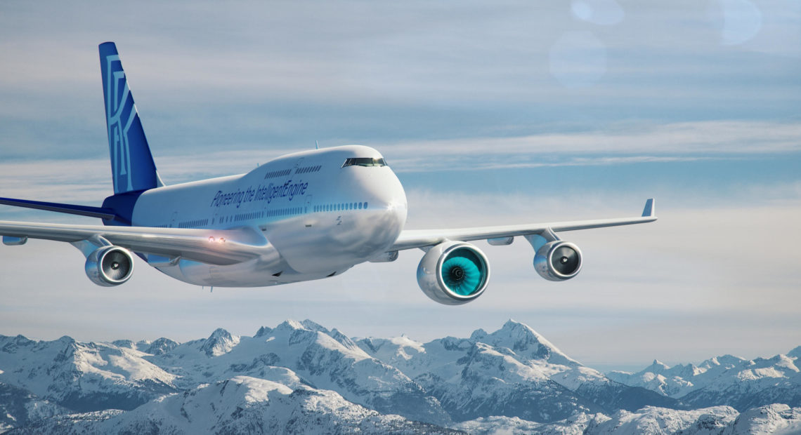 An artist rendering of Boeing 747 converted to carry a new engine for testing under wing. ROLLS-ROYCE