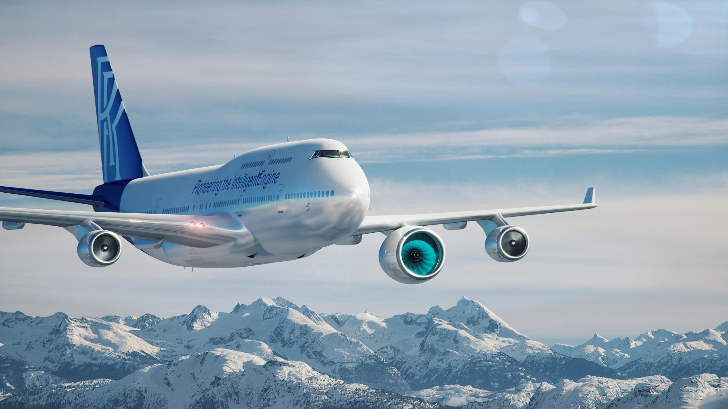 An artist rendering of Boeing 747 converted to carry a new engine for testing under wing. ROLLS-ROYCE