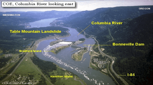 Bradford Island sits alongside Bonneville Dam in the middle of the Columbia River.