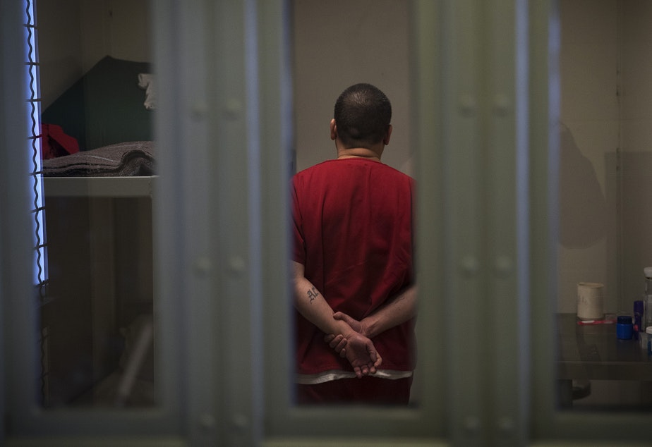 A detainee stands in a cell in the segregation area of the Northwest ICE Processing Center on Wednesday, June 21, 2017, in Tacoma. CREDIT: Megan Farmer/KUOW