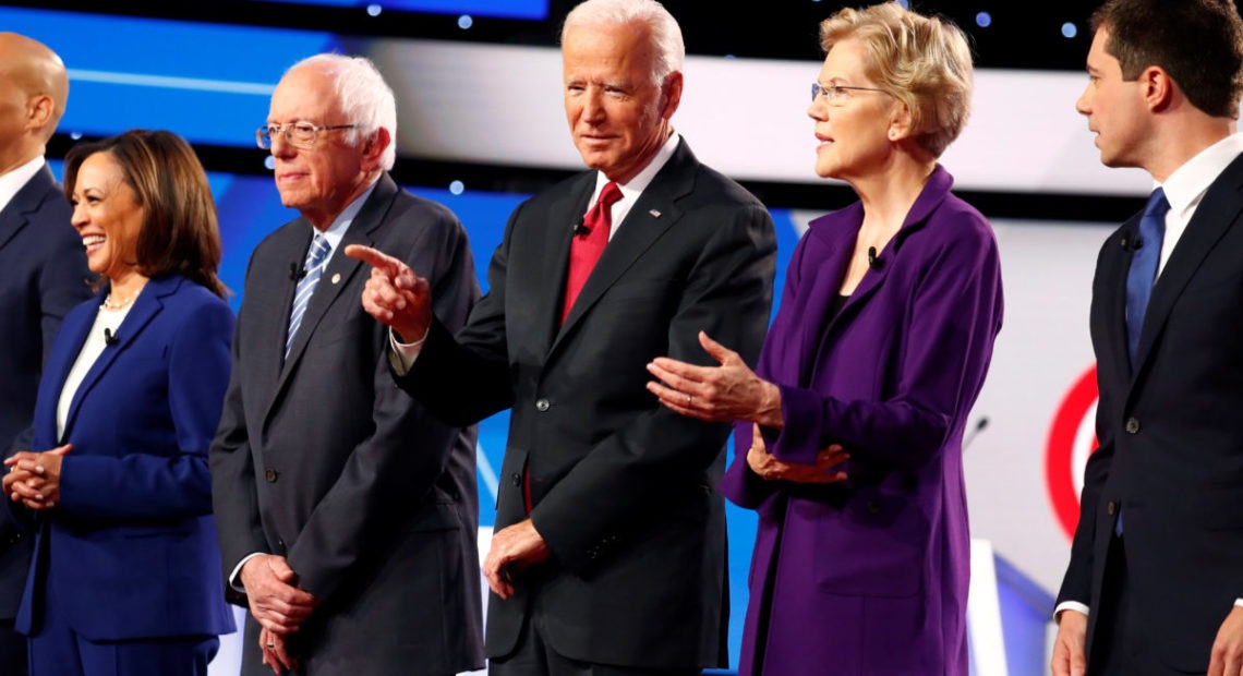 Senator Kamala Harris, Senator Bernie Sanders, former Vice President Joe Biden, Senator Elizabeth Warren and South Bend Mayor Pete Buttigieg wait onstage before the fourth Democratic U.S. 2020 presidential election debate at Otterbein University in Westerville, Ohio October 15, 2019. Photo by Aaron Josefcz/Reuters