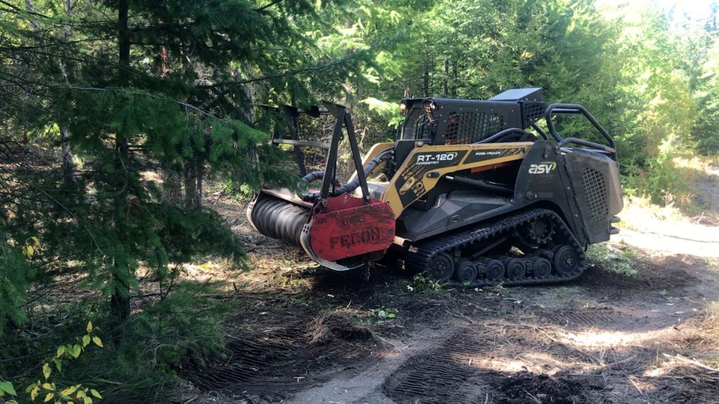 Land managers are using a masticator to help thin a dense forest outside Cle Elum, Washington. The masticator chews up the forest fuels with spinning metal teeth. It takes out whole trees at a time. CREDIT: Courtney Flatt/NWPB