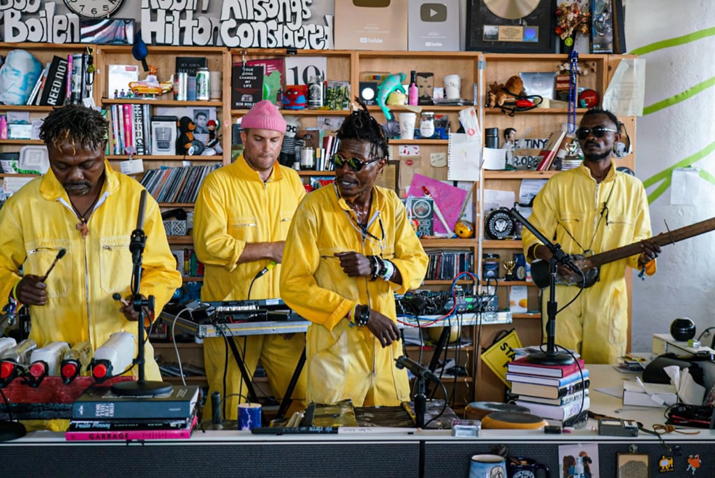 KOKOKO!, a band from the Democratic Republic of Congo, performs at an NPR Tiny Desk Concert that will be posted at a future date. CREDIT: Bob Boilen/NPR