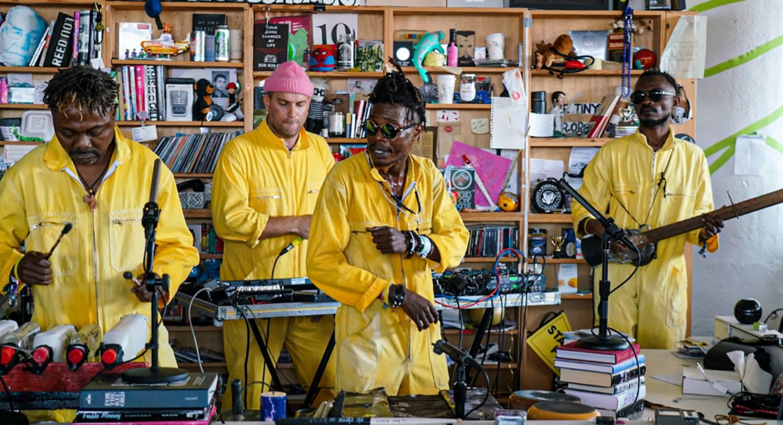 KOKOKO!, a band from the Democratic Republic of Congo, performs at an NPR Tiny Desk Concert that will be posted at a future date. CREDIT: Bob Boilen/NPR