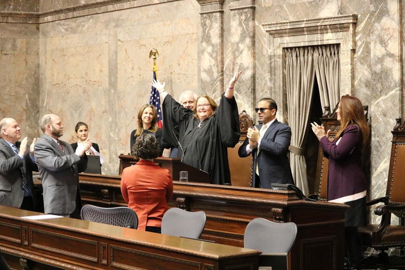 Chief Justice Mary Fairhurst addresses a joint session of the Washington Legislature. Fairhurst, who is battling colon cancer, has announced she will retire from the court in January. Courtesy of Washington State Supreme Court