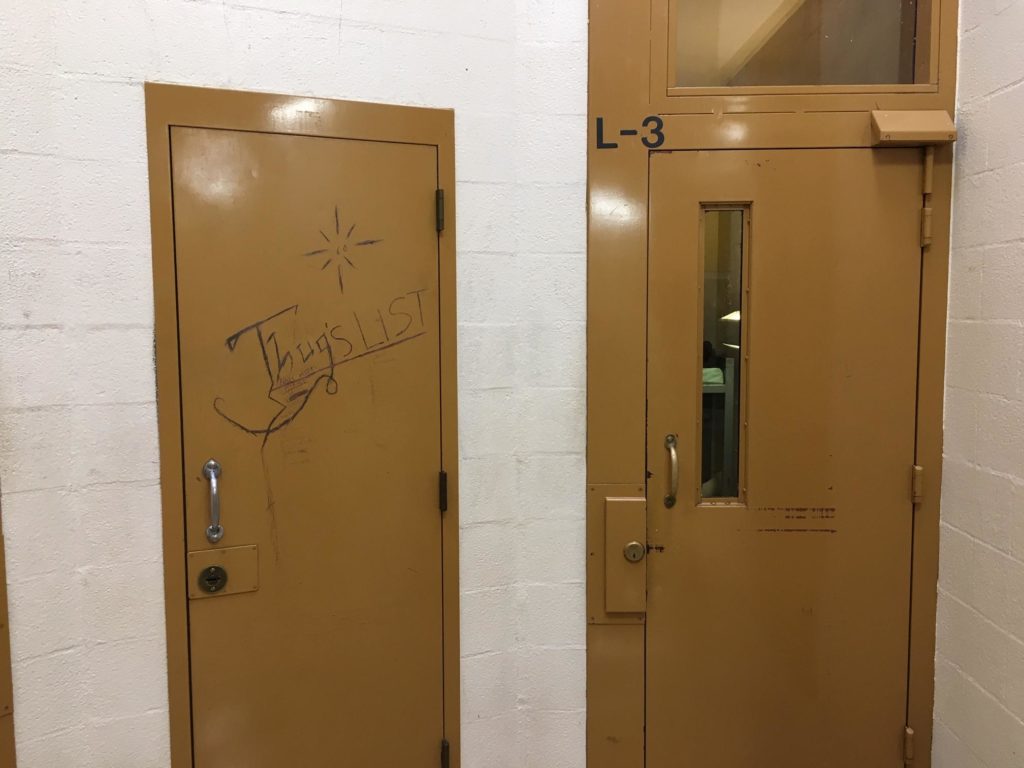 Jailhouse graffiti is common in the Mason County Jail which opened in 1985. CREDIT: Austin Jenkins/N3