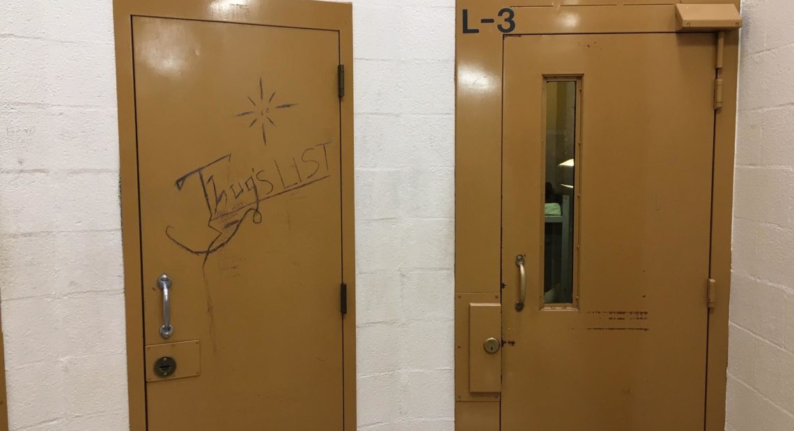Jailhouse graffiti is common in the Mason County Jail which opened in 1985. CREDIT: Austin Jenkins/N3