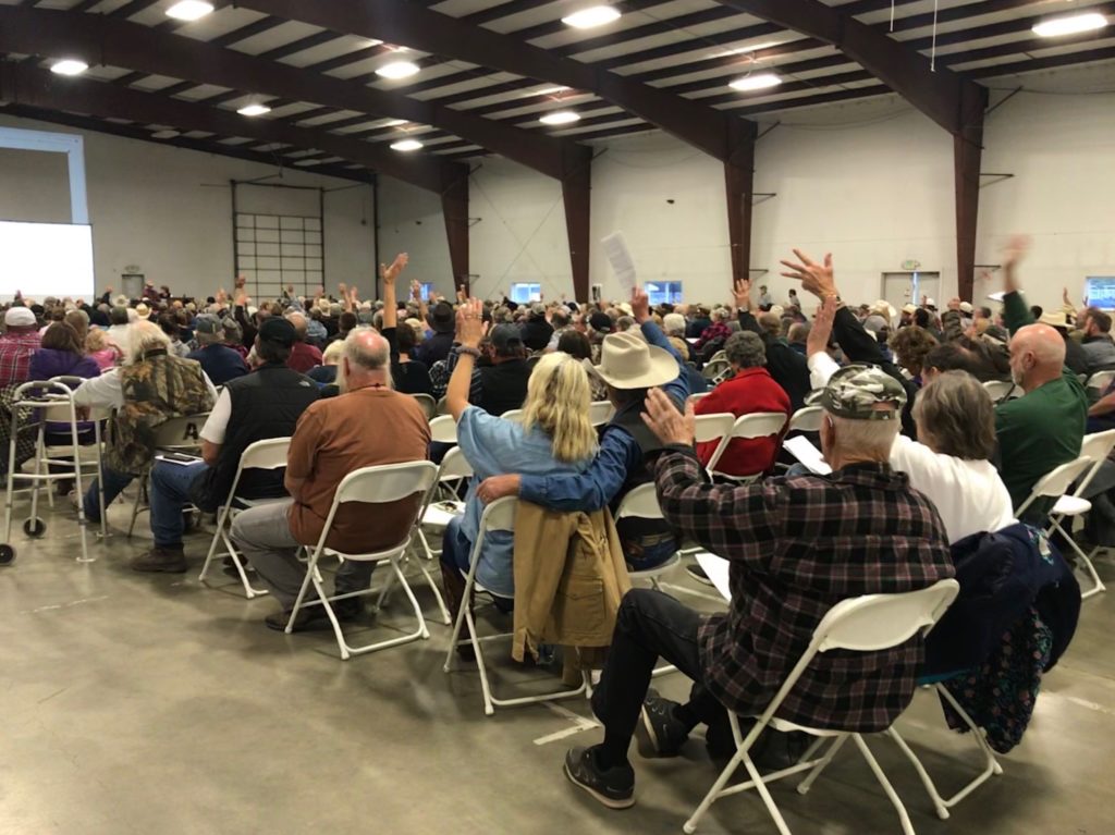 Around 450 people came to the Okanogan County Fairgrounds Monday, Oct. 7, 2019 for a public meeting about possible grizzly bear reintroduction in the North Cascades. Most voiced opposition to the idea, including U.S. Rep. Dan Newhouse, who represents much of central Washington. CREDIT: Courtney Flatt/NWPB