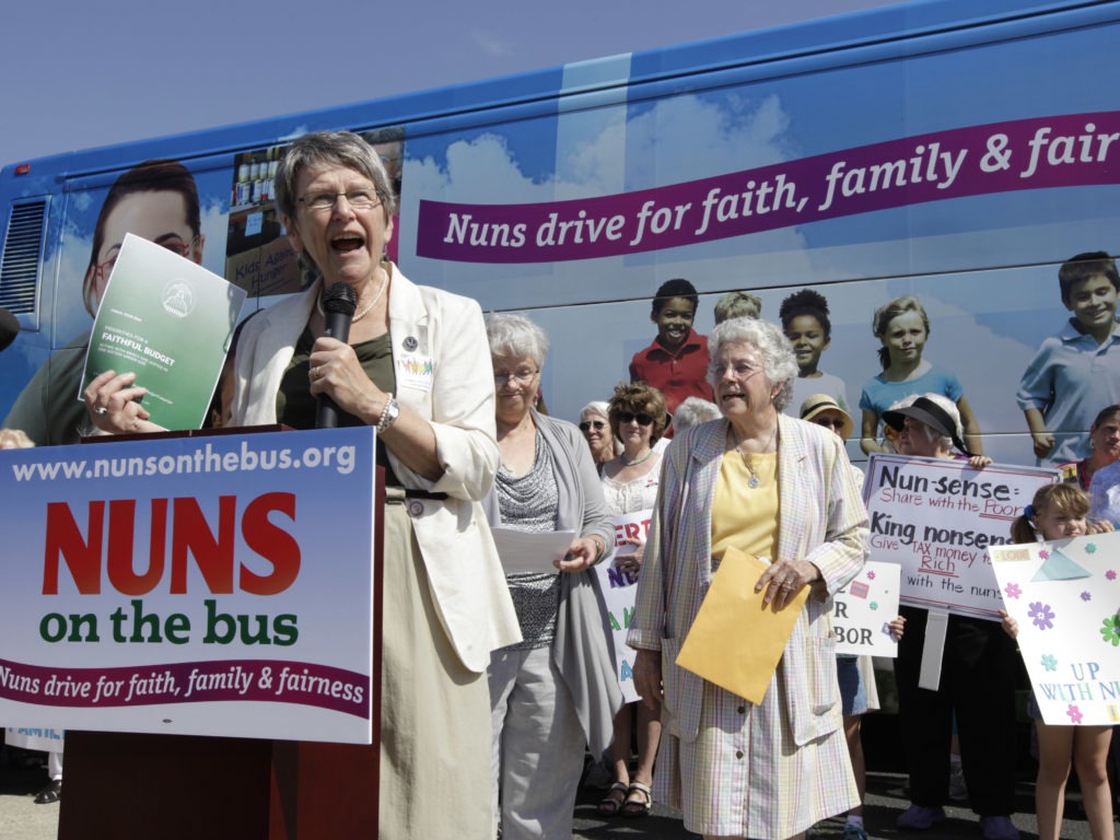 Sister Simone Campbell speaks during a stop on a Nuns on the Bus tour in 2012 in Ames, Iowa. Charlie Neibergall/AP