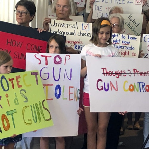 Supporters of gun control measures gather at the Legislative Office Building in Concord, N.H., in August, to urge Republican Gov. Chris Sununu to act after mass shootings in Texas and Ohio. CREDIT: Michael Casey/AP