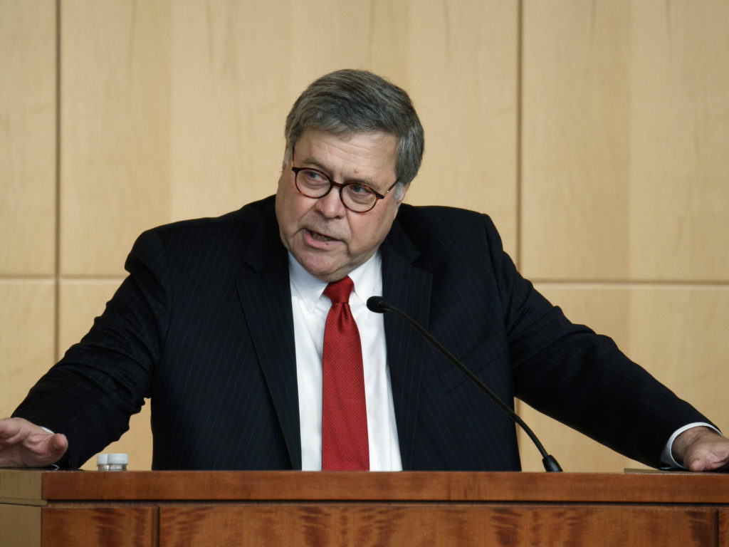 Attorney General William Barr speaks at an event in Washington earlier this month. On Monday, he issued a proposed rule seeking to allow the federal government collect DNA samples from more than 740,000 immigrants every year. Jacquelyn Martin/AP