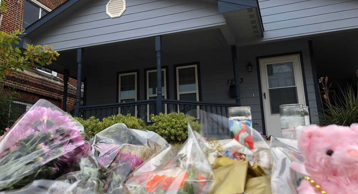 Bouquets of flowers and stuffed animals are piling up outside the Fort Worth, Texas, home of 28-year-old Atatiana Jefferson, who was shot to death early Saturday morning by a police officer. CREDIT: Jake Bleiberg/AP