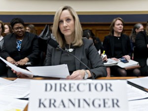 Kathleen Kraninger is director of the Consumer Financial Protection Bureau, an agency that was thwarted by the U.S. Department of Education from examining problems with a troubled student loan forgiveness program. CREDIT: Andrew Harrer/Bloomberg via Getty Images