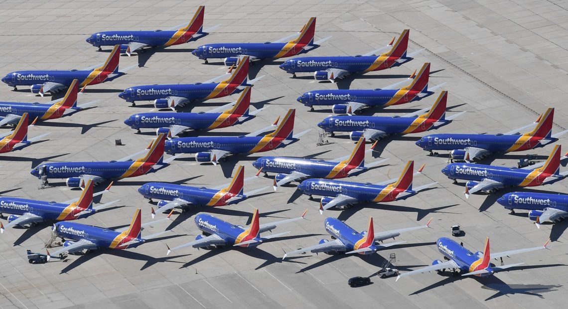 All Boeing 737 Max aircraft are grounded while the manufacturer fixes a deadly defect in their flight control system. These Southwest Airlines planes were parked in Victorville, Calif., in March. Mark Ralston/AFP/Getty Images