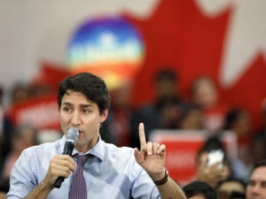 Prime Minister Justin Trudeau speaks to a room of supporters at a campaign rally in Vaughan, Canada, on Friday. CREDIT: Cole Burston/Getty Images