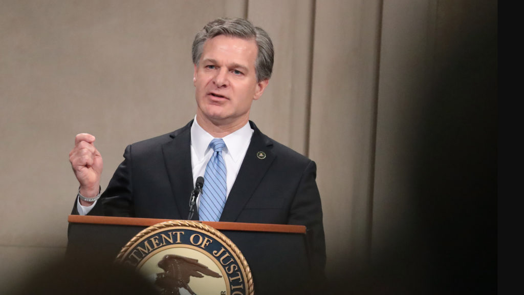 FBI Director Christopher Wray speaks Friday, Oct. 4, 2019 at the Justice Department in Washington, D.C., during a summit on warrant-proof encryption and its impact on child exploitation cases. Mark Wilson/Getty Images