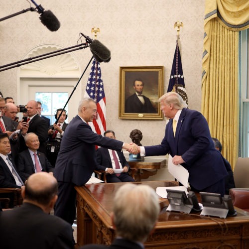 U.S. President Donald Trump shakes hands with Chinese Vice Premier Liu He in the Oval Office at the White House October 11, 2019 in Washington, DC. President Trump announced a 'phase one' partial trade deal with China. Win McNamee/Getty Images