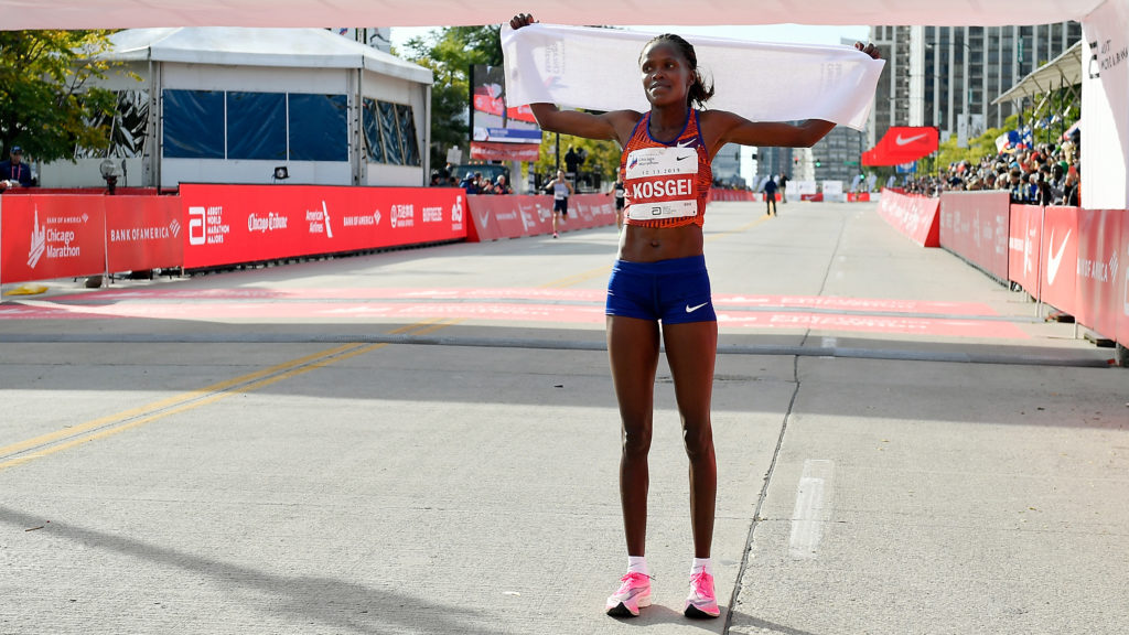 Kenya's Brigid Kosgei won the 2019 Chicago Marathon on Sunday with at time of 2 hours 14 minutes and 4 seconds. Kosgei's time also marks a new world record marathon time. Quinn Harris/Getty Images