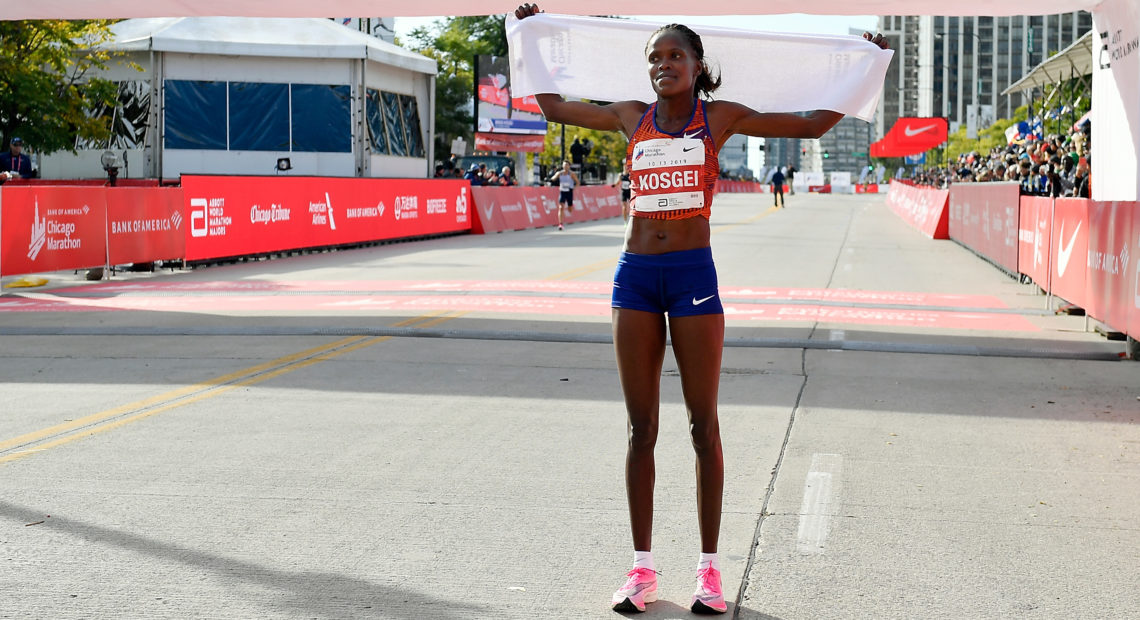 Kenya's Brigid Kosgei won the 2019 Chicago Marathon on Sunday with at time of 2 hours 14 minutes and 4 seconds. Kosgei's time also marks a new world record marathon time. Quinn Harris/Getty Images