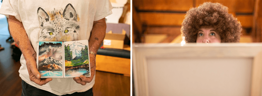 Left: Cliff Nolan holds a book of his own paintings that he has done in the "Bob Ross" style. Right: Sara Monteleone, wears a Bob Ross wig while she follows along with Sandra Hill, a Certified Ross Instructor, during the recent painting class. CREDIT: Mhari Shaw/NPR