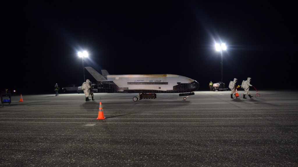 The U.S. Air Force's X-37B Orbital Test Vehicle Mission 5 is seen after landing at NASA's Kennedy Space Center Shuttle Landing Facility in Florida on Sunday. CREDIT: U.S. Air Force via Reuters