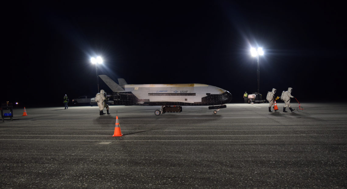 The U.S. Air Force's X-37B Orbital Test Vehicle Mission 5 is seen after landing at NASA's Kennedy Space Center Shuttle Landing Facility in Florida on Sunday. CREDIT: U.S. Air Force via Reuters