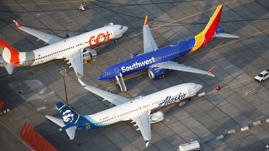 Grounded Gol Airlines, Southwest Airlines and Alaska Airlines Boeing 737 Max aircraft at Boeing facilities in Moses Lake, Wash. CREDIT: Lindsey Wasson/Reuters