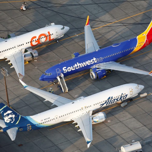 Grounded Gol Airlines, Southwest Airlines and Alaska Airlines Boeing 737 Max aircraft at Boeing facilities in Moses Lake, Wash. CREDIT: Lindsey Wasson/Reuters
