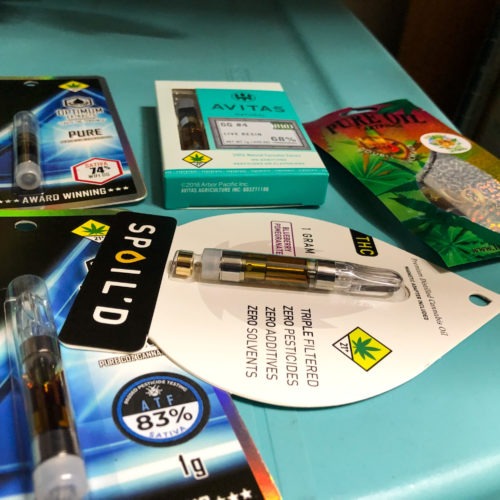 THC vape cartridges are a popular product in Washington's legal marijuana shops. A new ban on flavored versions of marijuana and nicotine vaping products recently went into effect across the state, and will remain in place at least four months. CREDIT: Will Stone for NPR