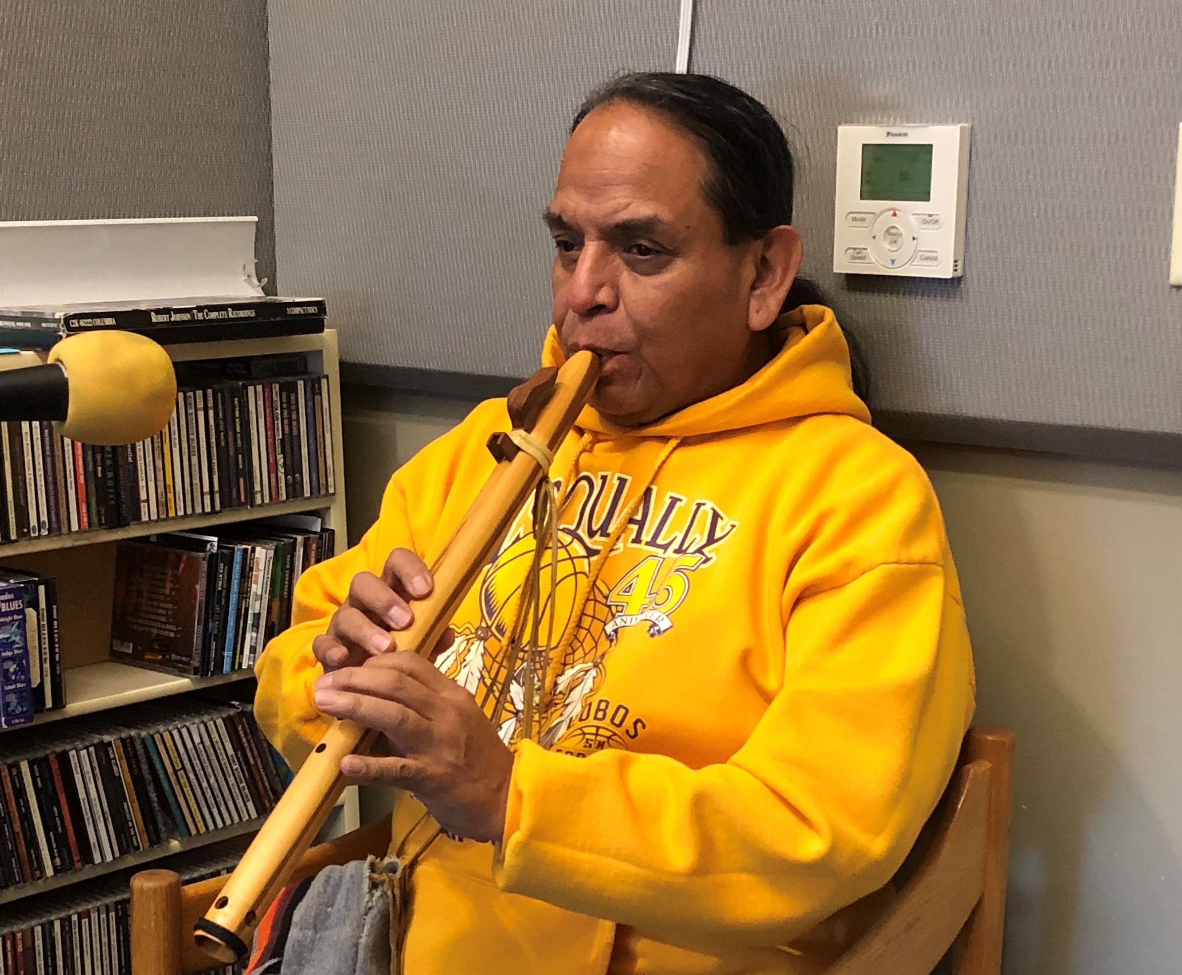 Tim Brooks, a member of the Confederated Tribes of the Colville, provided flute music for a song that's a finalist for a Native American Music Award. CREDIT: Doug Nadvornick/SPR