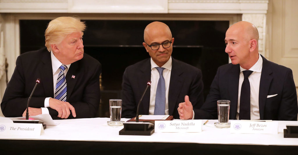 President Trump met with Microsoft CEO Satya Nadella and Amazon CEO Jeff Bezos as part of the American Technology Council in June 2017. CREDIT: Chip Somodevilla/Getty Images
