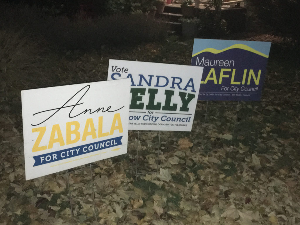 Yard signs Anne Zabala, Sandra Kelly and Maureen Laflin in Moscow before the Nov. 5, 2019 election. CREDIT: Scott A. Leadingham/NWPB