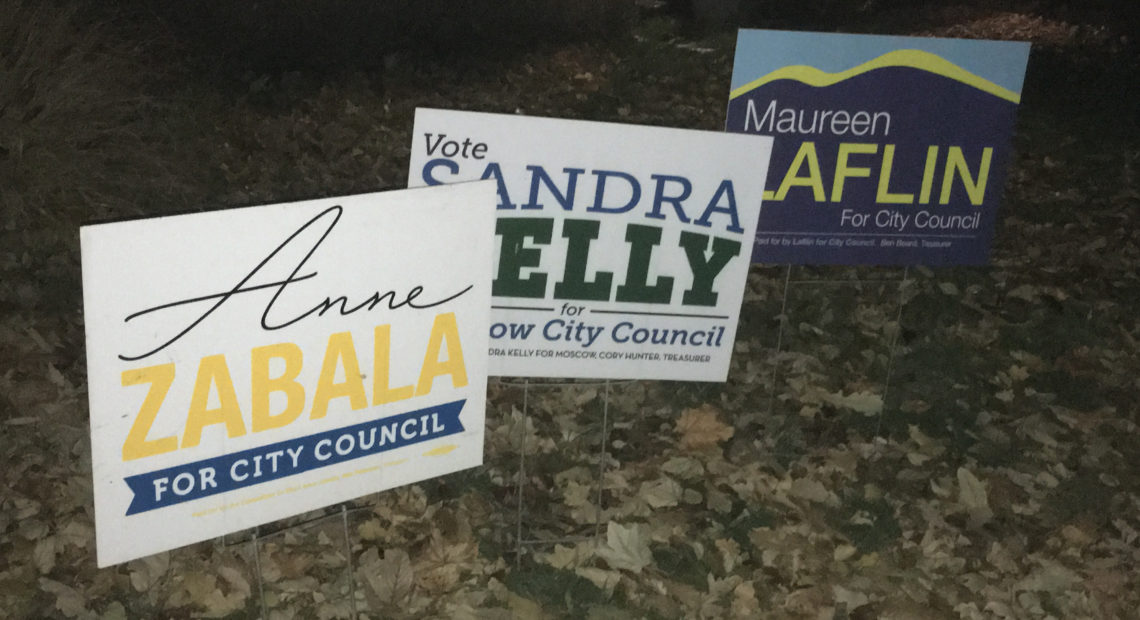 Yard signs Anne Zabala, Sandra Kelly and Maureen Laflin in Moscow before the Nov. 5, 2019 election. CREDIT: Scott A. Leadingham/NWPB