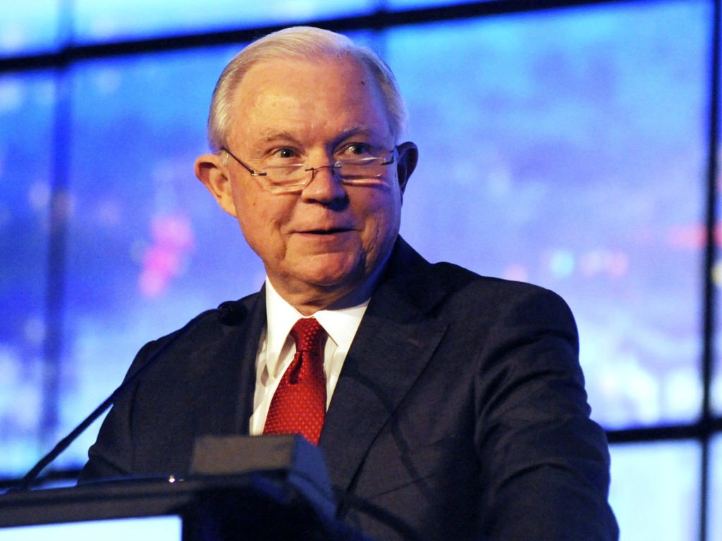 Former U.S. Attorney General Jeff Sessions addresses a business group in Montgomery, Ala., last year. Sessions announced Thursday that he will run to regain his old Senate seat. Jay Reeves/AP