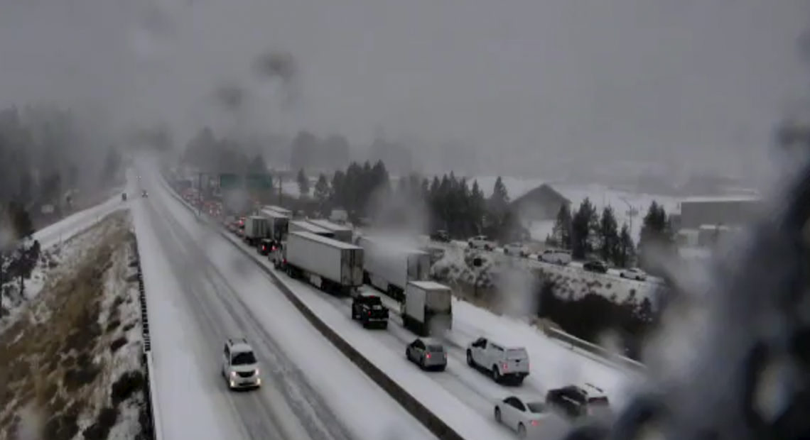 In this still image taken from a Caltrans remote video traffic camera, multiple spinouts bring traffic to a halt Tuesday on Interstate 80 in Truckee, Calif. CREDIT: Caltrans via AP