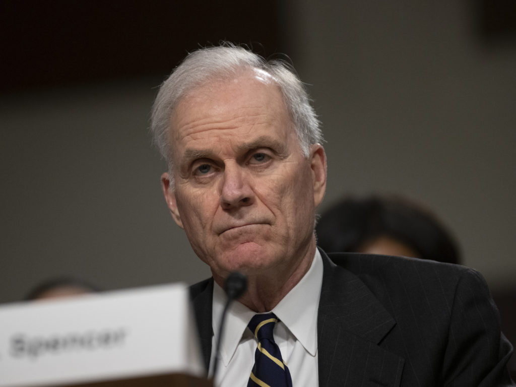 Secretary of the Navy Richard Spencer has been pushed out over his handling of the case of a Navy SEAL accused of war crimes. Spencer is seen here testifying during a Senate Armed Services Committee hearing in April. CREDIT: Alex Edelman/Getty Images