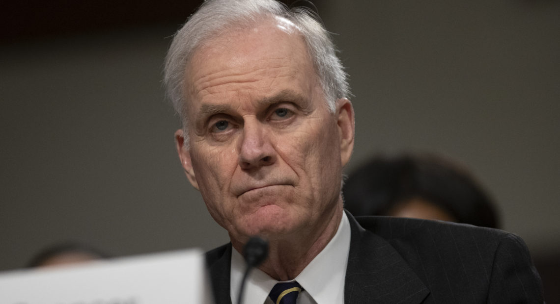 Secretary of the Navy Richard Spencer has been pushed out over his handling of the case of a Navy SEAL accused of war crimes. Spencer is seen here testifying during a Senate Armed Services Committee hearing in April. CREDIT: Alex Edelman/Getty Images