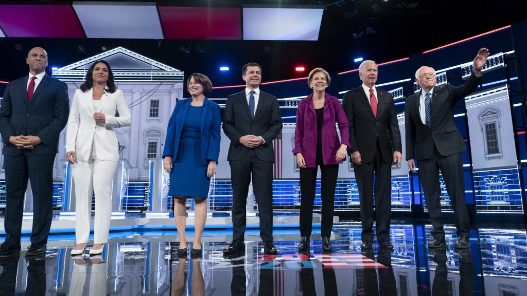 Candidates appear on stage at the start of the Democratic presidential debate at Tyler Perry Studios on Wednesday in Atlanta.